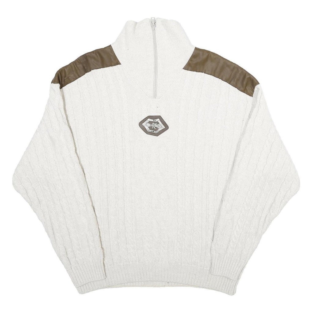 ALPENLAND Mens White & Brown Patterned Jumper Roll Neck Cable Knit L Wool Blend