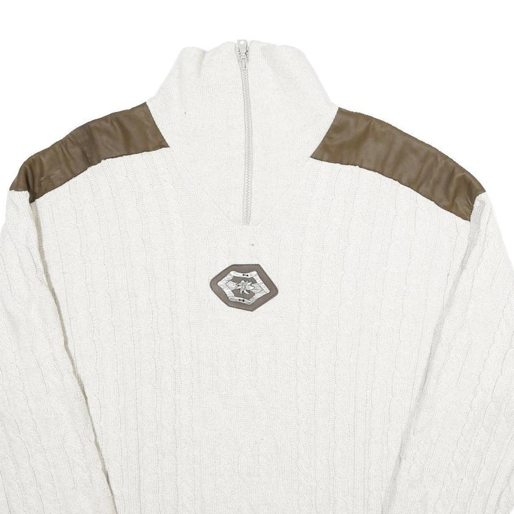 ALPENLAND Mens White & Brown Patterned Jumper Roll Neck Cable Knit L Wool Blend