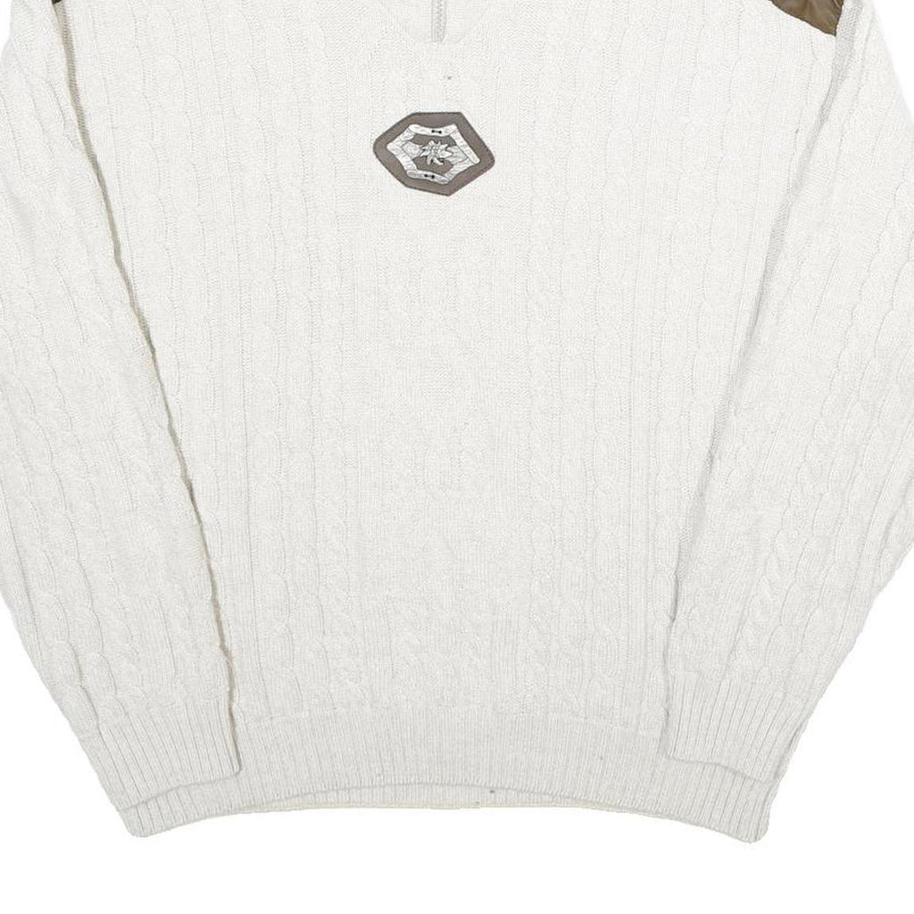 ALPENLAND Mens White & Brown Patterned Jumper Roll Neck Cable Knit L Wool Blend