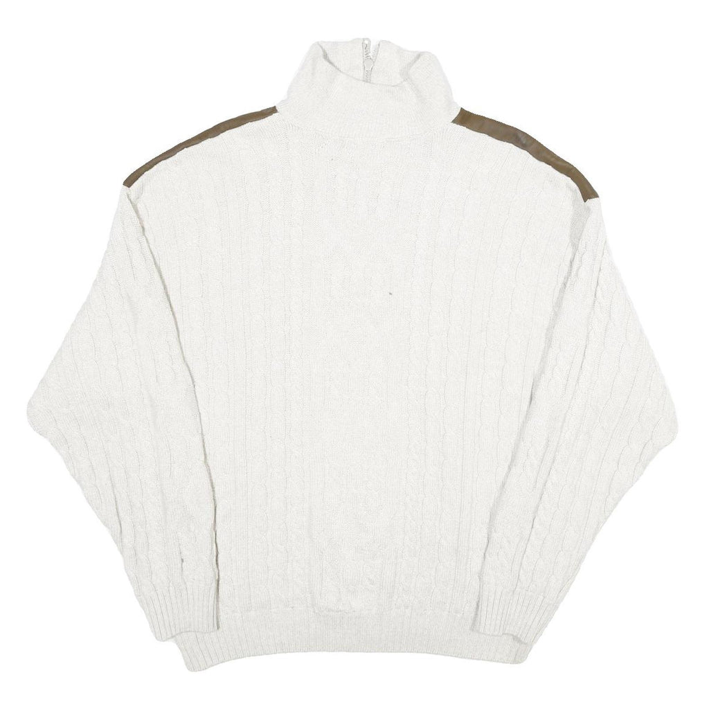 ALPENLAND Mens White & Brown Patterned Jumper Roll Neck Cable Knit L Wool Blend