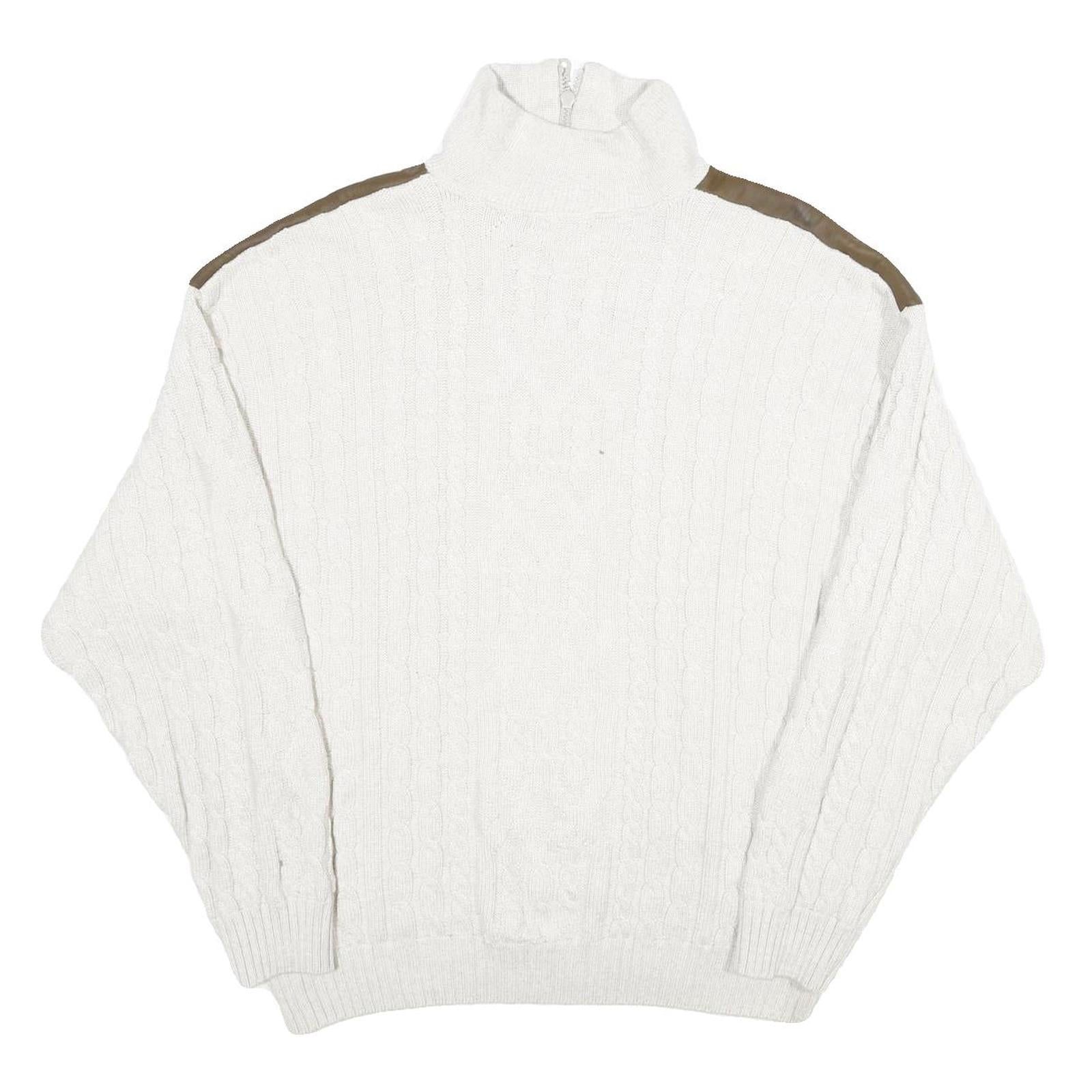 ALPENLAND Mens White & Brown Patterned Jumper Roll Neck Cable Knit L Wool Blend