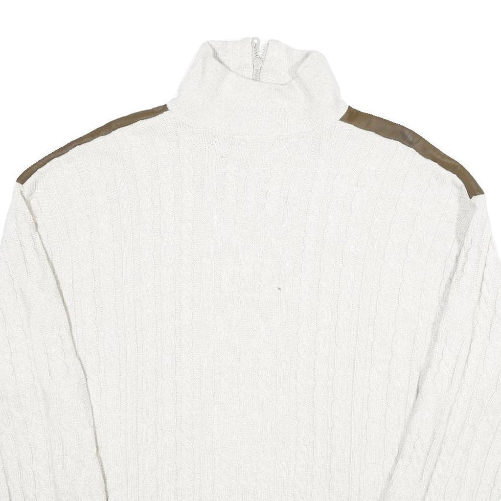 ALPENLAND Mens White & Brown Patterned Jumper Roll Neck Cable Knit L Wool Blend