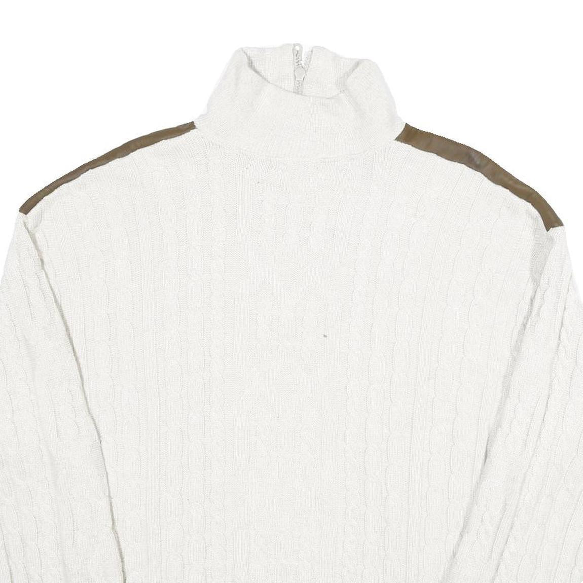 ALPENLAND Mens White & Brown Patterned Jumper Roll Neck Cable Knit L Wool Blend