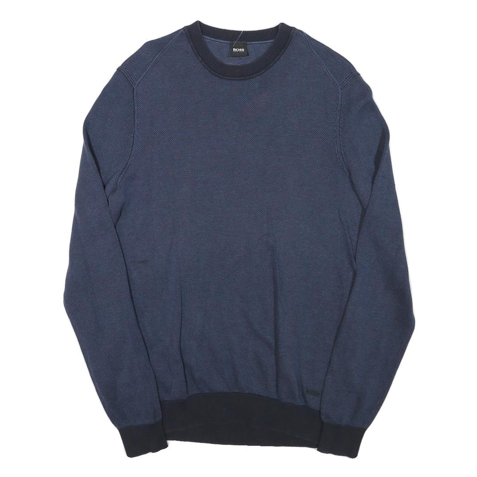 BOSS Mens Blue Jumper Plain Crew Neck Basic Knit M Classic Cotton Blend Comfort