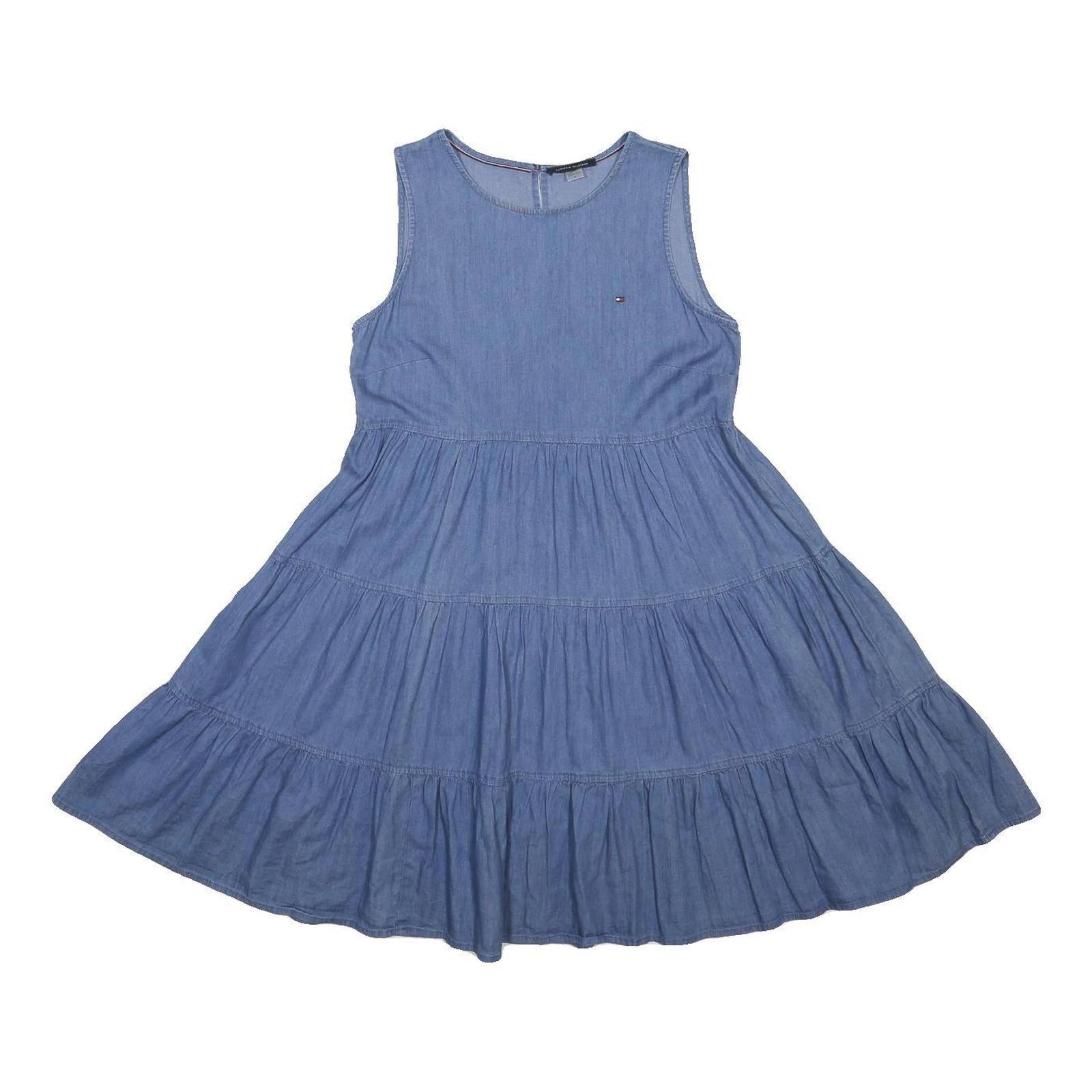 TOMMY HILFIGER Womens Blue Sleeveless Day Cotton Blend Plain Dress S Casual