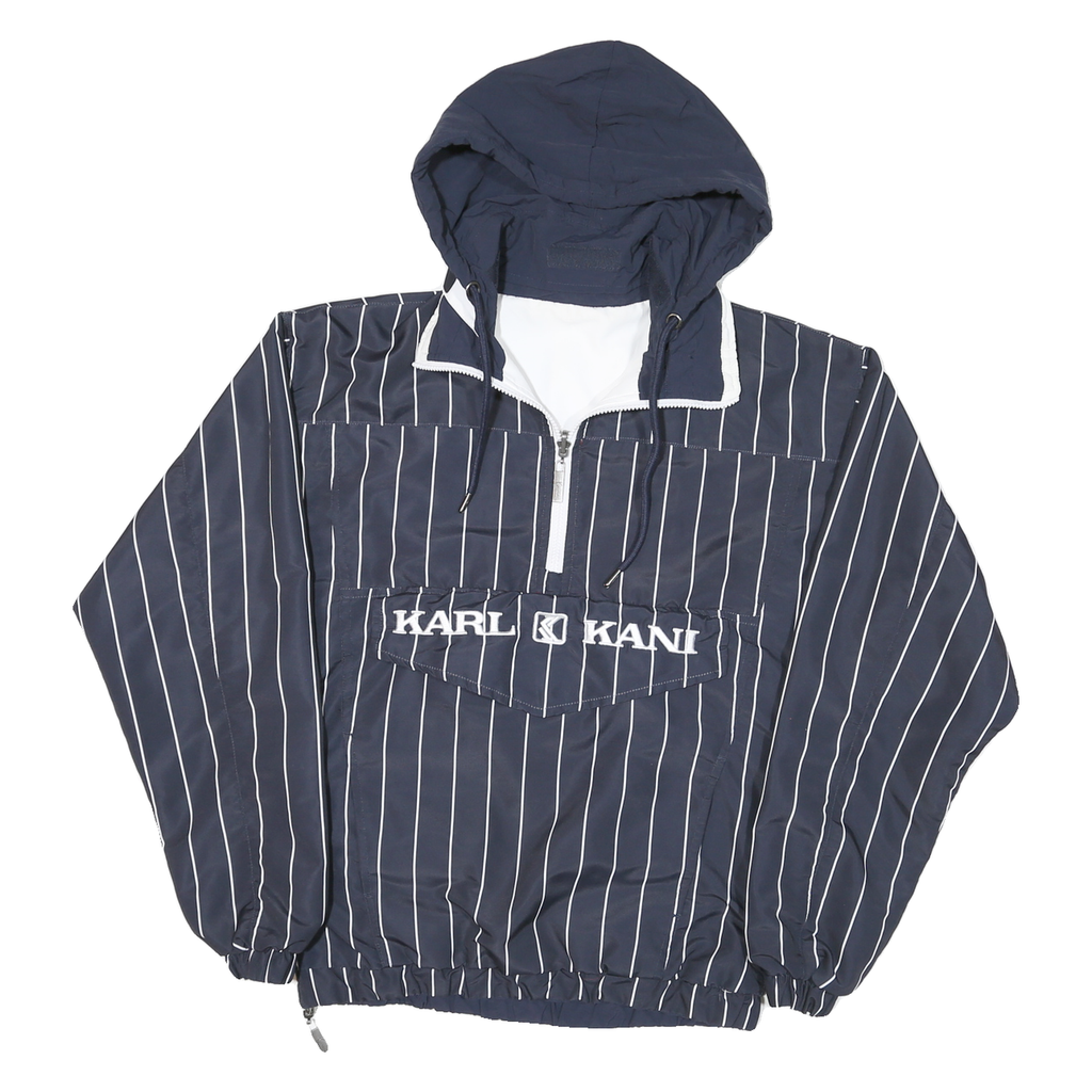 KARL KANI Mens Blue & White Striped Hooded Jacket M Polyester Blend Zip Pullover