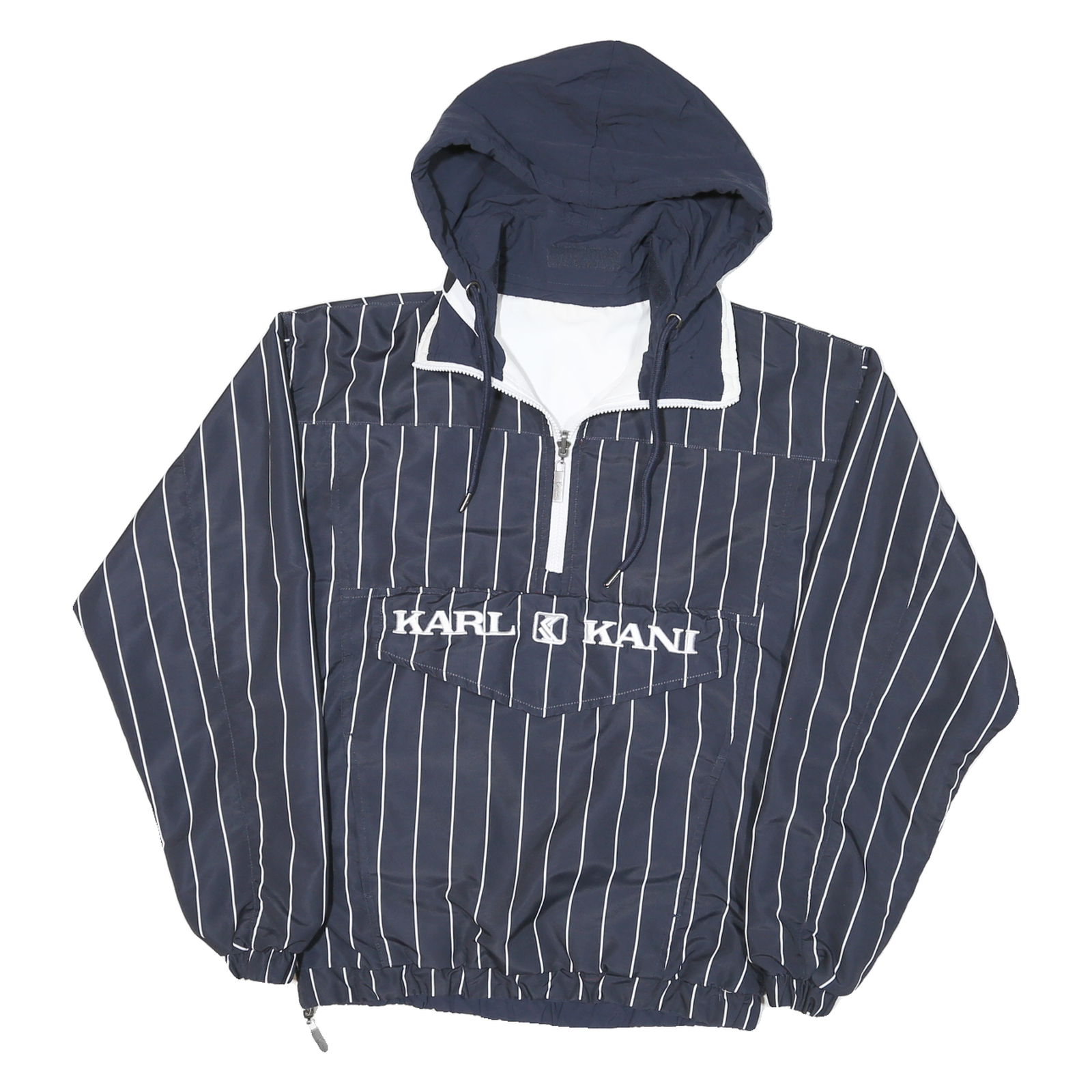KARL KANI Mens Blue & White Striped Hooded Jacket M Polyester Blend Zip Pullover