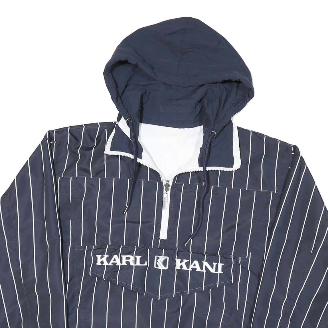 KARL KANI Mens Blue & White Striped Hooded Jacket M Polyester Blend Zip Pullover