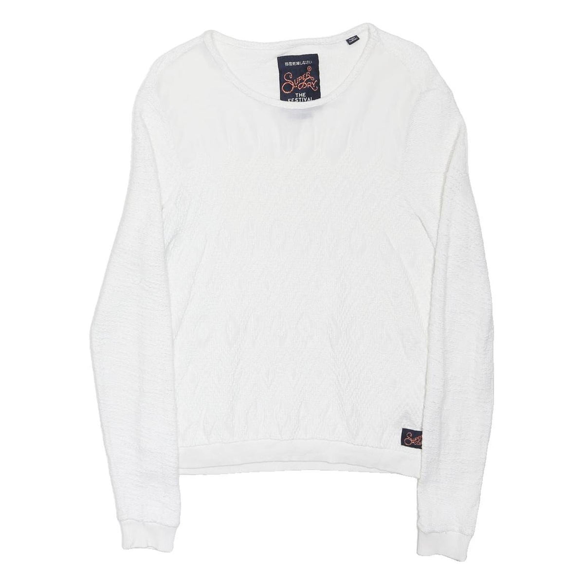 SUPERDRY Womens White Plain Cotton Jumper Crew Neck Basic Knit S Casual Layer