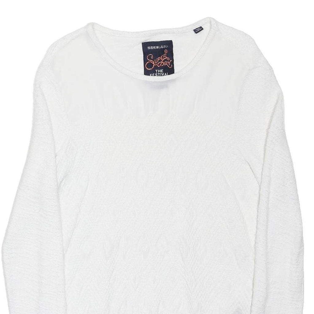 SUPERDRY Womens White Plain Cotton Jumper Crew Neck Basic Knit S Casual Layer