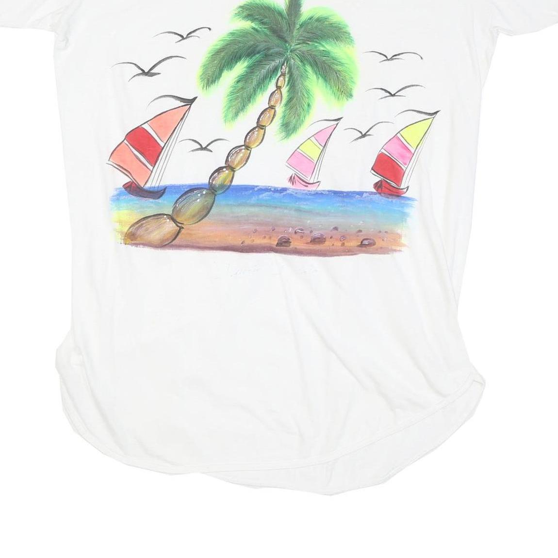 CO SPORT Womens White Cotton Day Dress Short Sleeve XL Beach Scene Print Casual