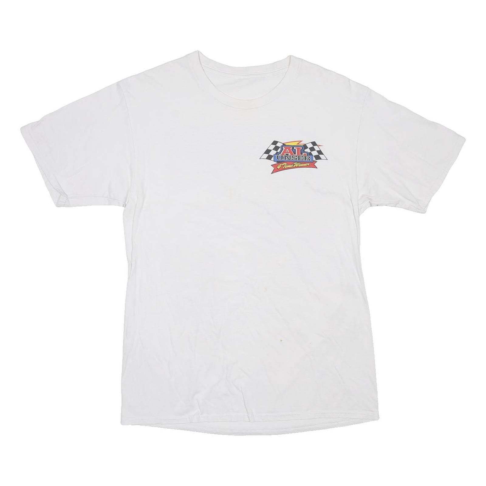 Mens White Racing Graphic T-Shirt S Short Sleeve Crew Neck Vintage Cotton Blend