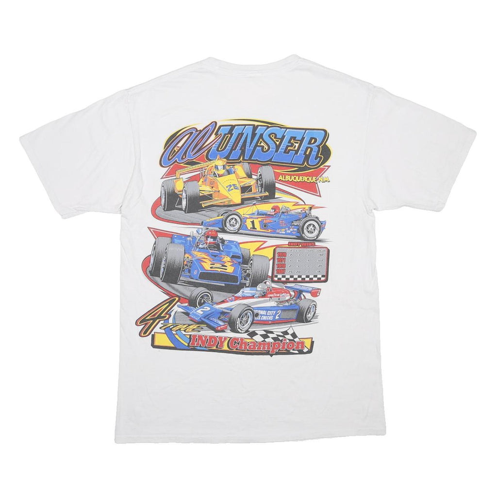 Mens White Racing Graphic T-Shirt S Short Sleeve Crew Neck Vintage Cotton Blend