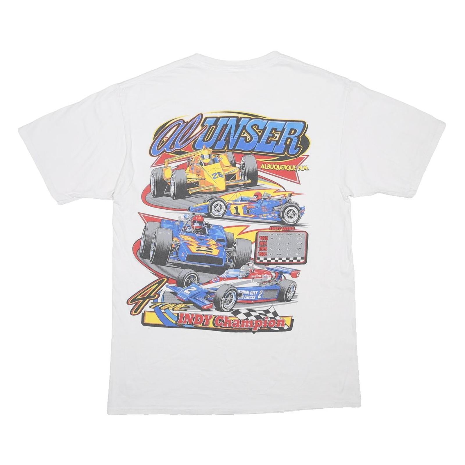 Mens White Racing Graphic T-Shirt S Short Sleeve Crew Neck Vintage Cotton Blend