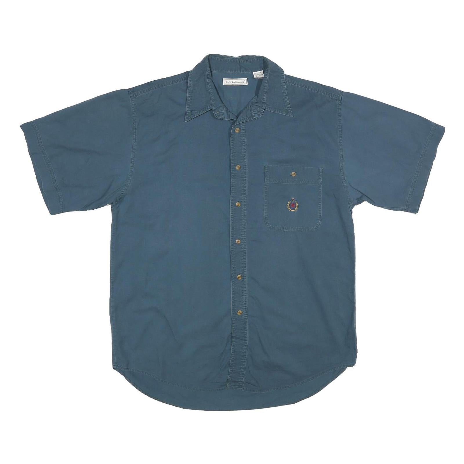 BUGLE BOY Mens Blue Cotton Casual Shirt L Button Pocket Embroidered Crest
