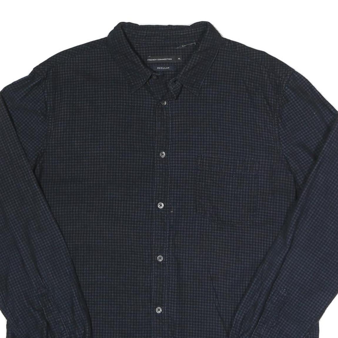 FRENCH CONNECTION Mens Navy Blue Check Shirt L Cotton Long Sleeve Casual Twill