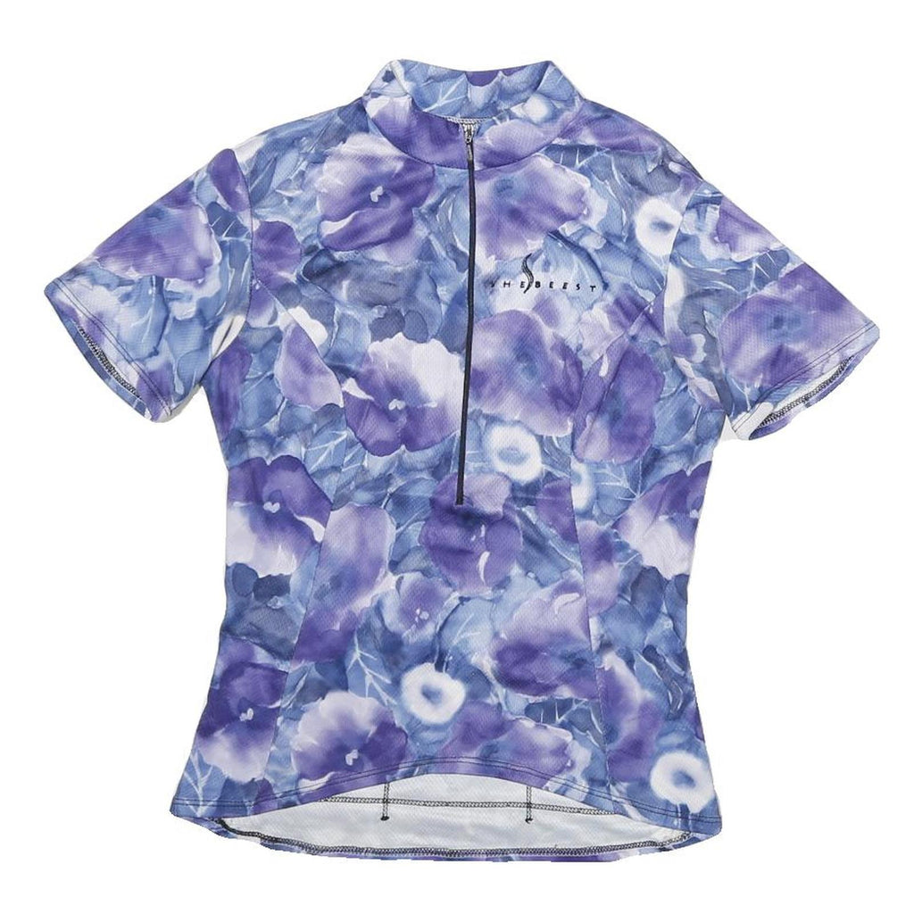 SHE BEEST Womens Blue & Purple Floral Graphic T-Shirt S Short Sleeve Zip Neck