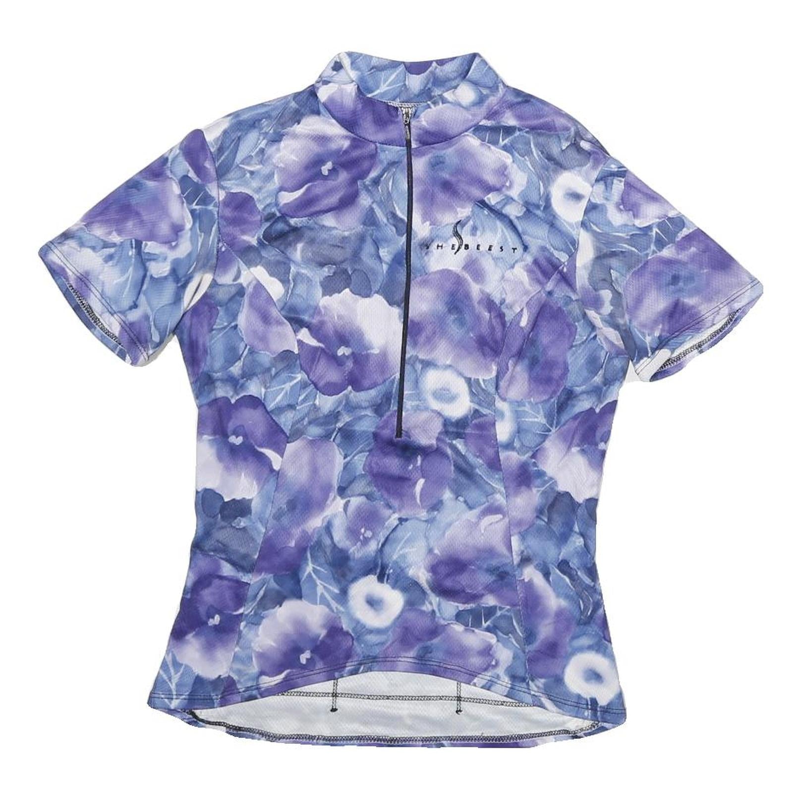 SHE BEEST Womens Blue & Purple Floral Graphic T-Shirt S Short Sleeve Zip Neck