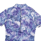 SHE BEEST Womens Blue & Purple Floral Graphic T-Shirt S Short Sleeve Zip Neck