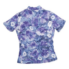 SHE BEEST Womens Blue & Purple Floral Graphic T-Shirt S Short Sleeve Zip Neck