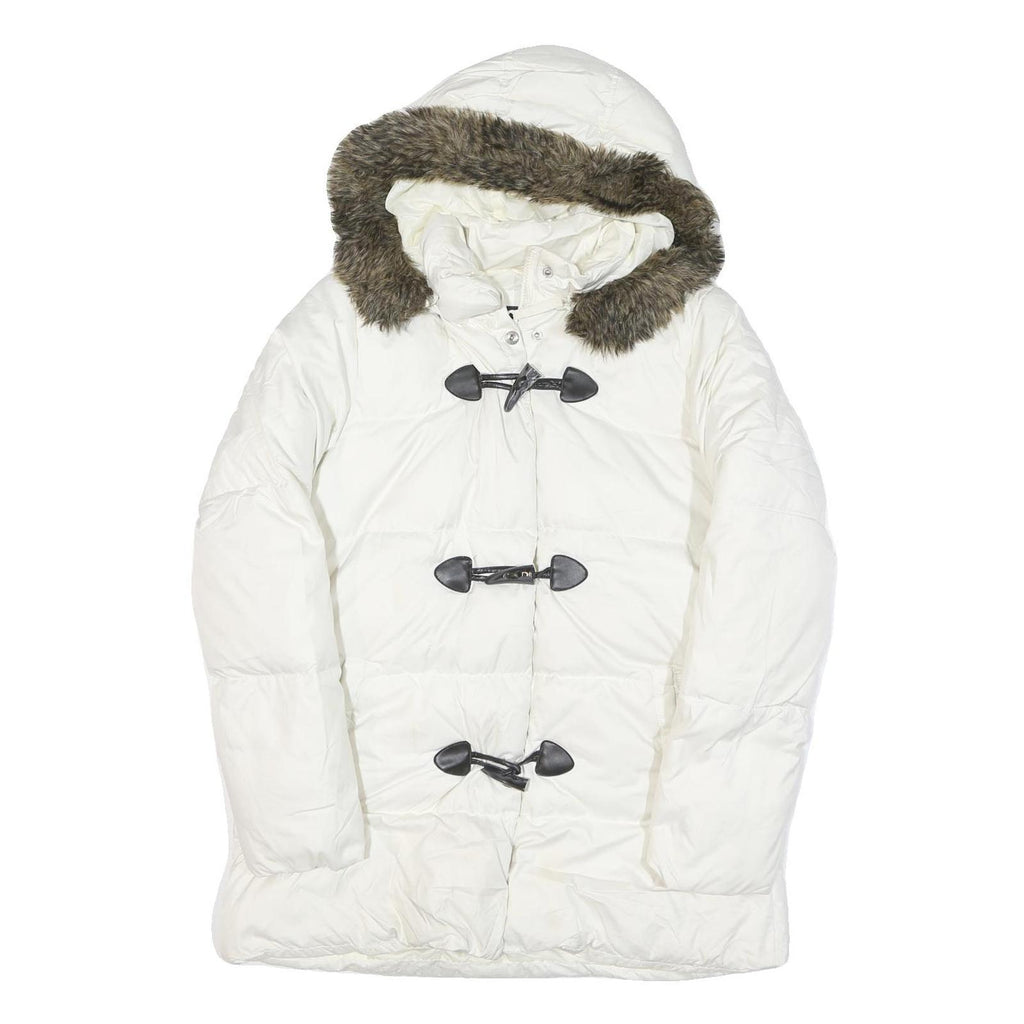 TOMMY HILFIGER Womens White Button Puffer Jacket M Polyester Blend Faux Fur Hood