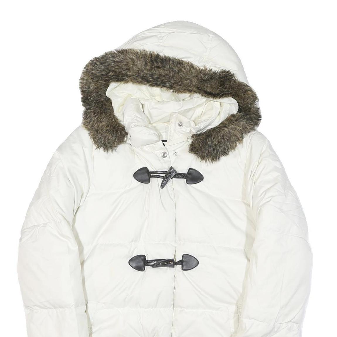 TOMMY HILFIGER Womens White Button Puffer Jacket M Polyester Blend Faux Fur Hood