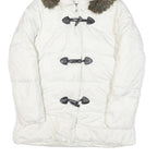 TOMMY HILFIGER Womens White Button Puffer Jacket M Polyester Blend Faux Fur Hood