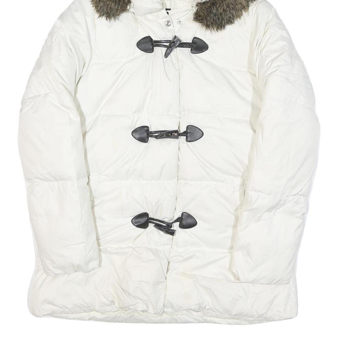 TOMMY HILFIGER Womens White Button Puffer Jacket M Polyester Blend Faux Fur Hood