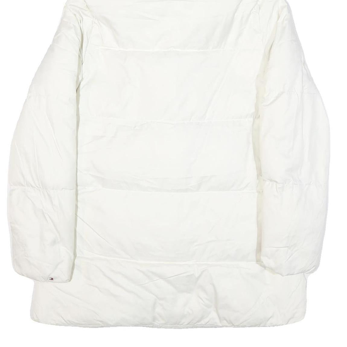 TOMMY HILFIGER Womens White Button Puffer Jacket M Polyester Blend Faux Fur Hood