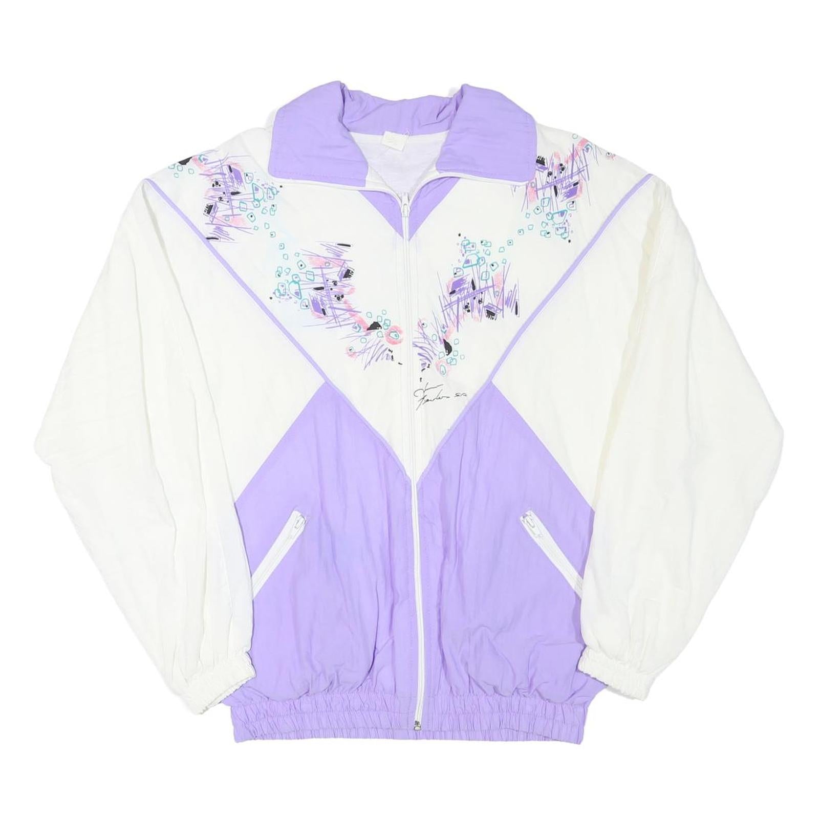 Womens White & Purple Graphic Polyester Blend Zip Jacket L Casual Vintage Style
