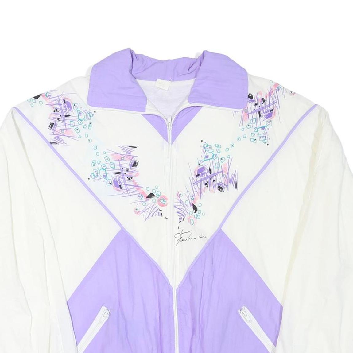 Womens White & Purple Graphic Polyester Blend Zip Jacket L Casual Vintage Style