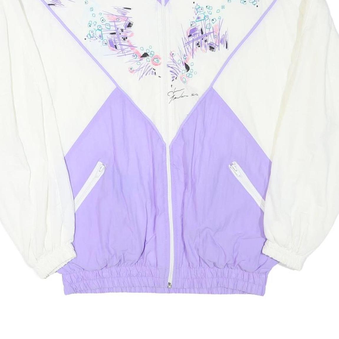 Womens White & Purple Graphic Polyester Blend Zip Jacket L Casual Vintage Style