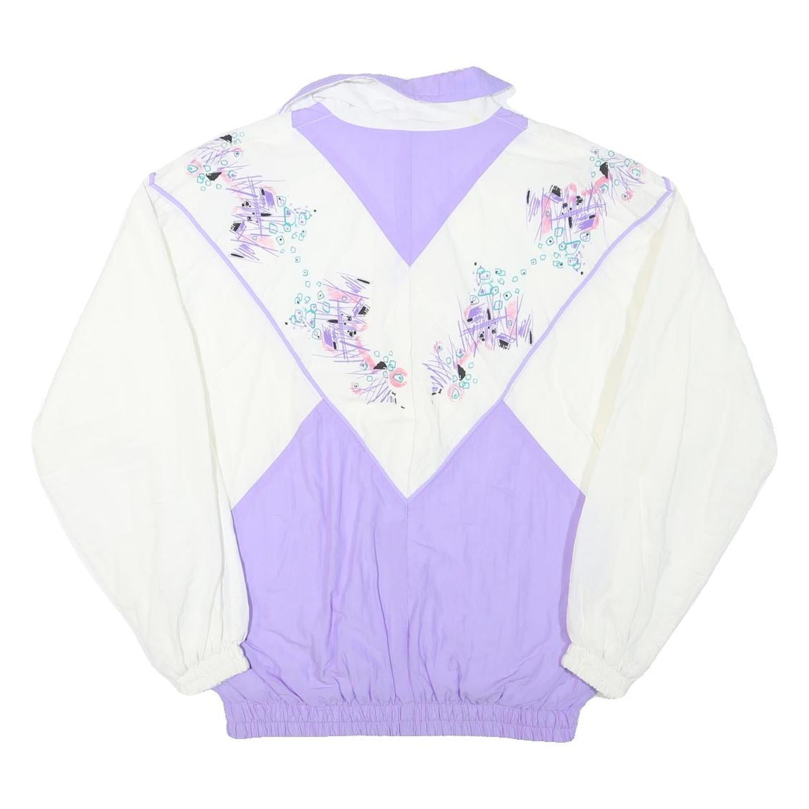 Womens White & Purple Graphic Polyester Blend Zip Jacket L Casual Vintage Style