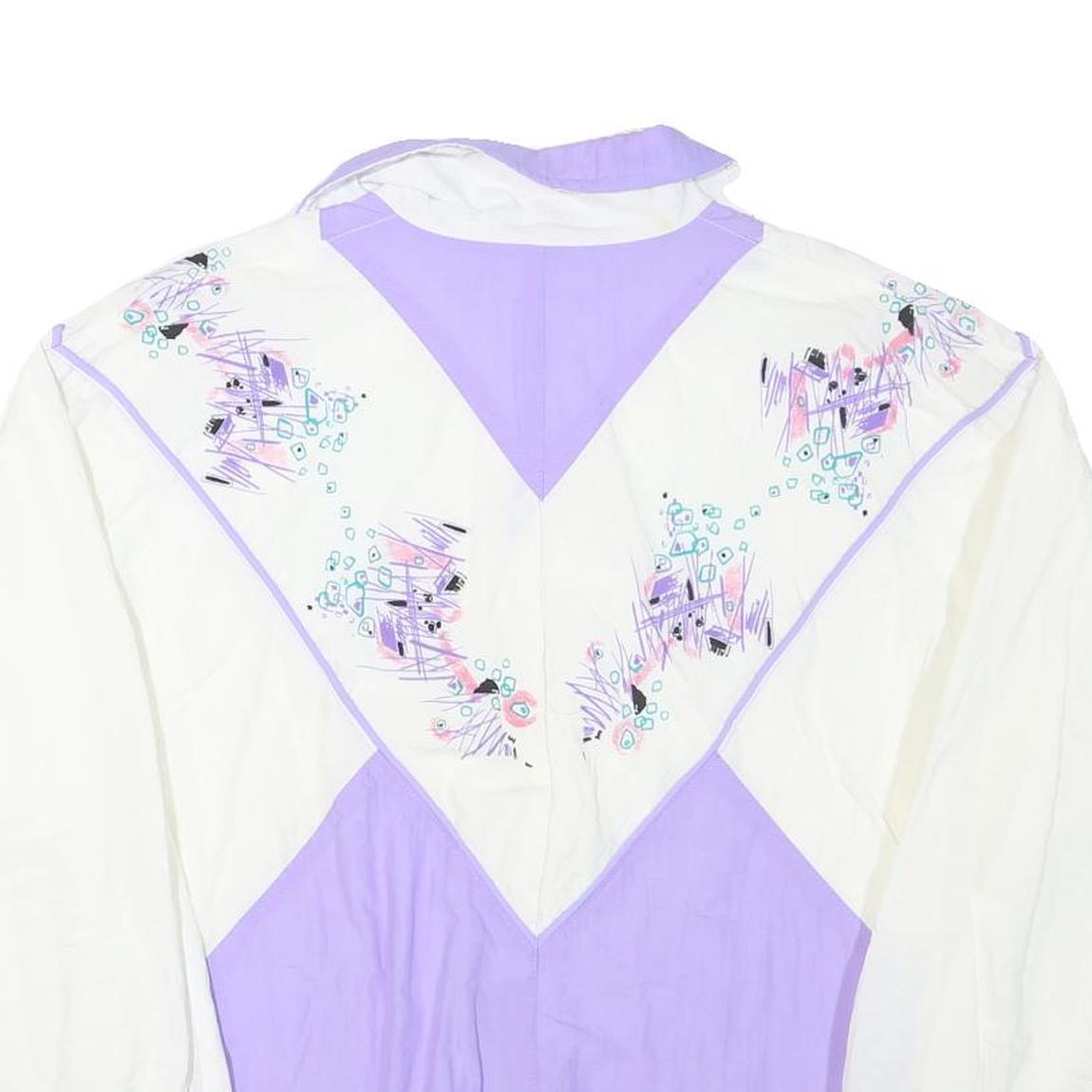 Womens White & Purple Graphic Polyester Blend Zip Jacket L Casual Vintage Style