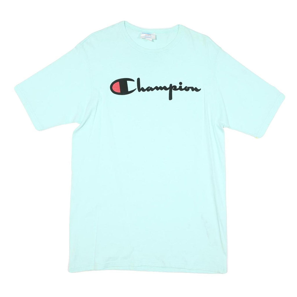 CHAMPION Mens Light Blue Graphic T-Shirt L Short Sleeve Crew Neck Cotton Blend