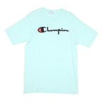 CHAMPION Mens Light Blue Graphic T-Shirt L Short Sleeve Crew Neck Cotton Blend
