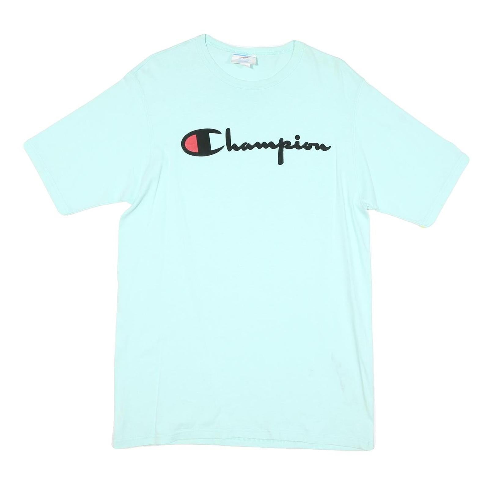 CHAMPION Mens Light Blue Graphic T-Shirt L Short Sleeve Crew Neck Cotton Blend