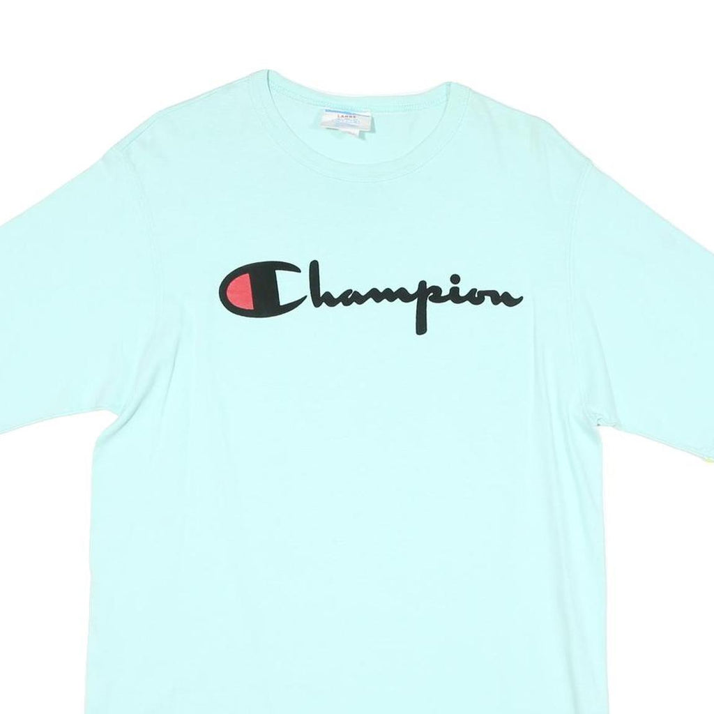 CHAMPION Mens Light Blue Graphic T-Shirt L Short Sleeve Crew Neck Cotton Blend