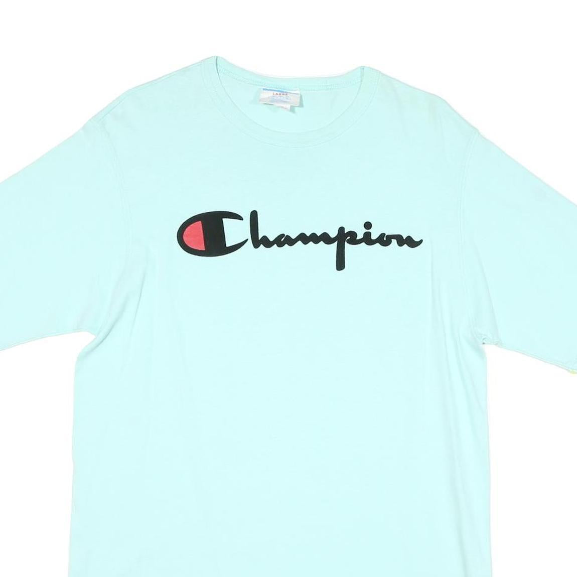 CHAMPION Mens Light Blue Graphic T-Shirt L Short Sleeve Crew Neck Cotton Blend