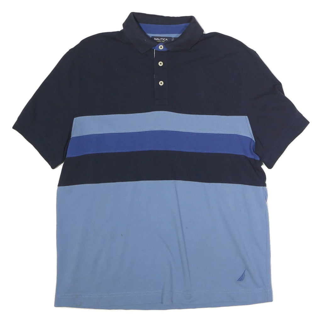 NAUTICA Mens Blue & Navy Block Stripe Short Sleeve Polo Shirt M Cotton