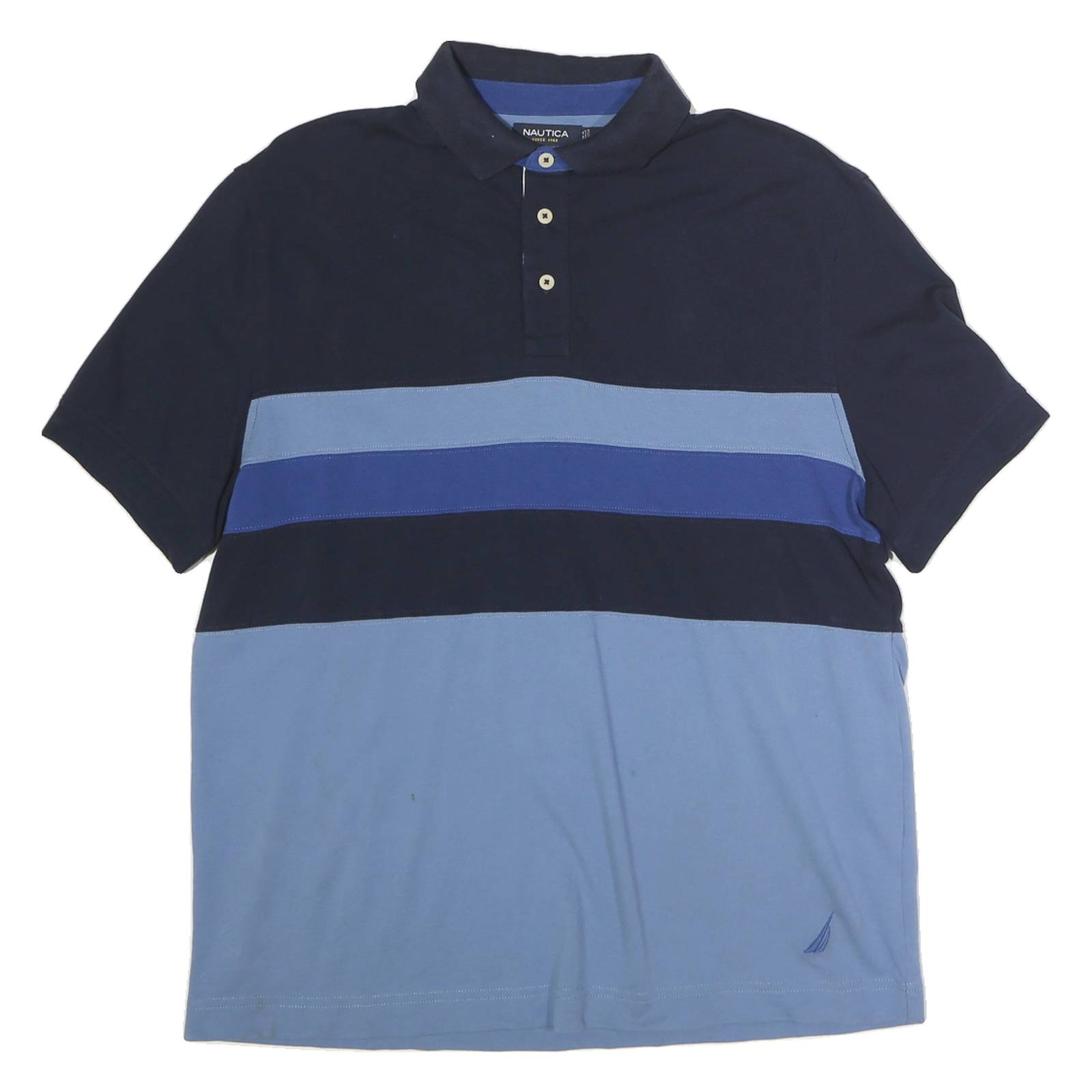 NAUTICA Mens Blue & Navy Block Stripe Short Sleeve Polo Shirt M Cotton