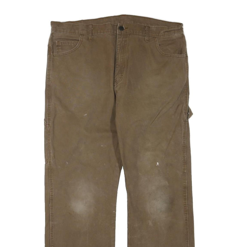DICKIES Mens Regular Fit Brown Cotton Blend Straight Trousers W38 L32 Workwear