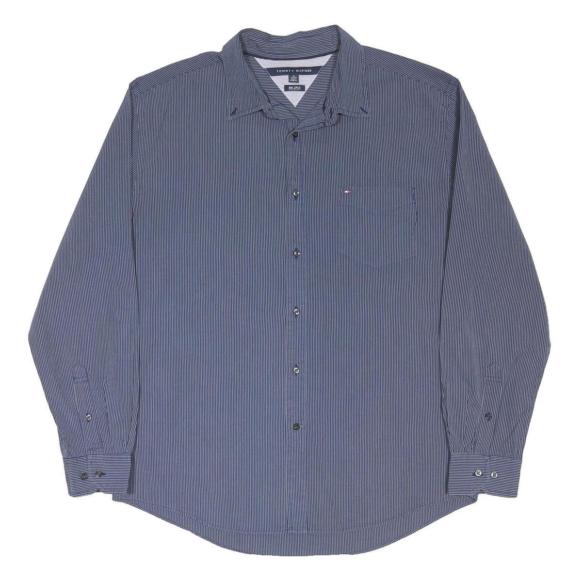 TOMMY HILFIGER Womens Blue & White Striped Shirt L Cotton Blend Classic Fit