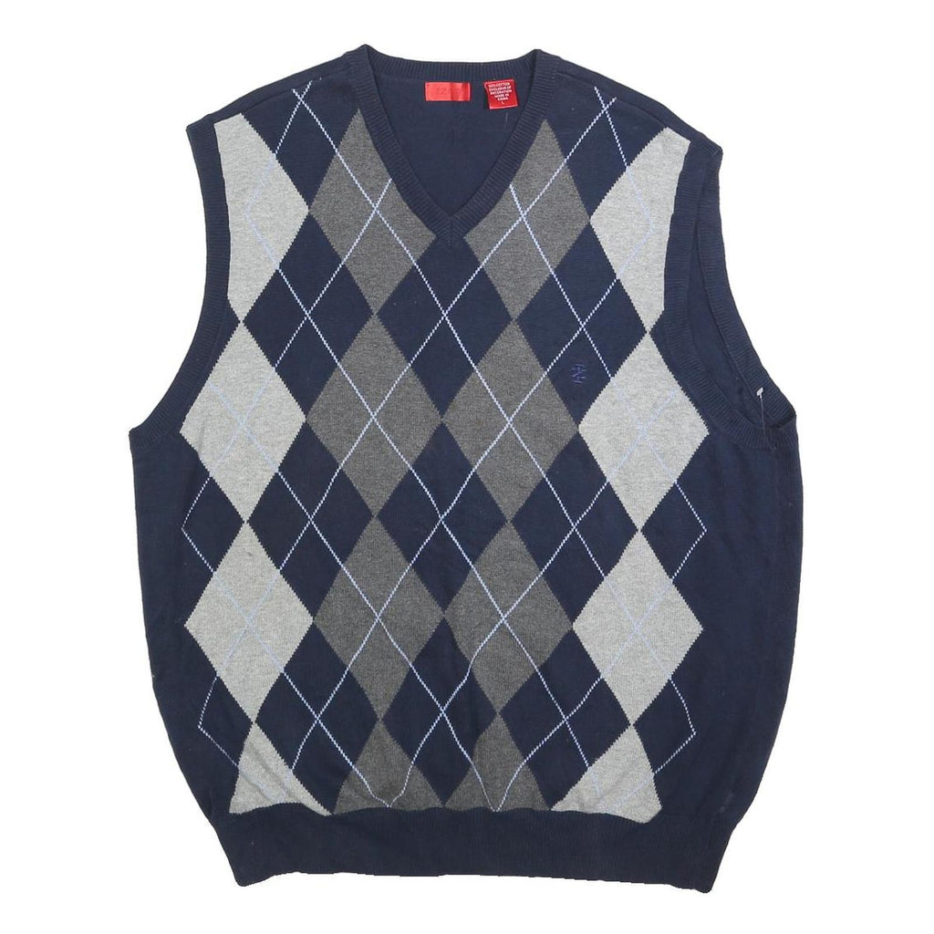 IZOD Mens Navy & Grey Argyle Patterned V-Neck Cotton Jumper L Sleeveless Classic