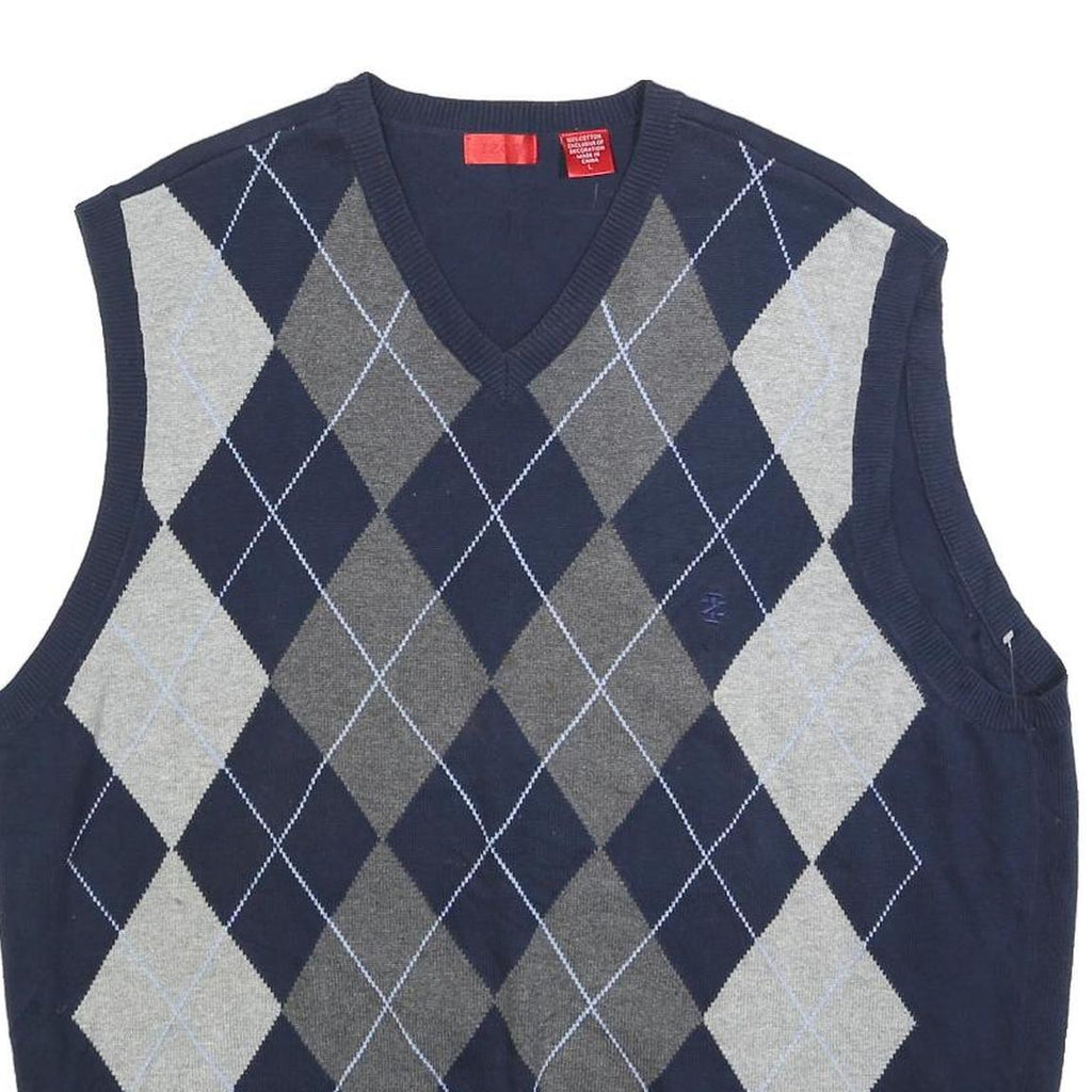IZOD Mens Navy & Grey Argyle Patterned V-Neck Cotton Jumper L Sleeveless Classic