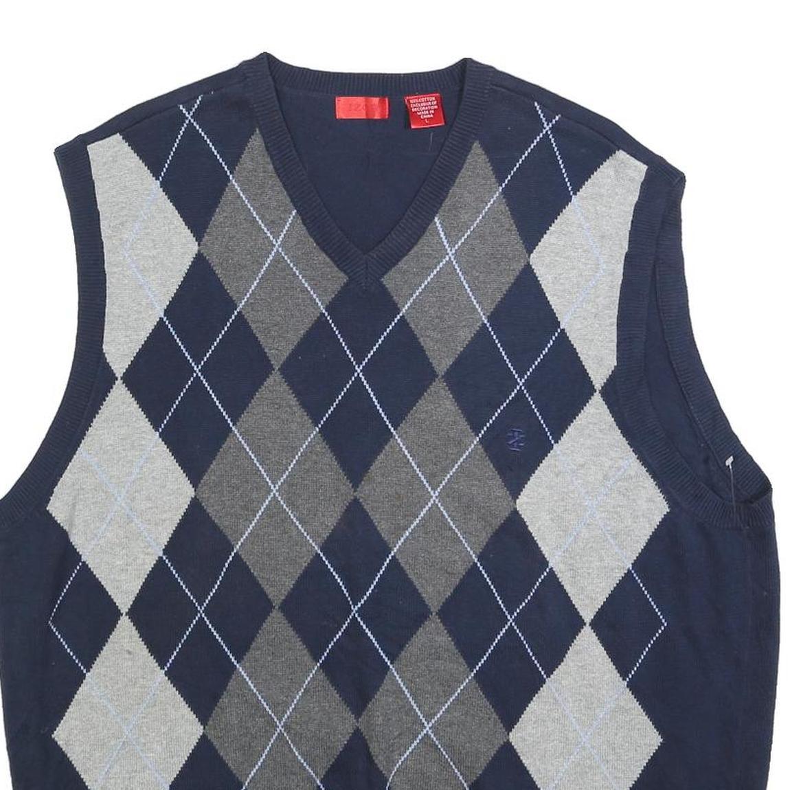 IZOD Mens Navy & Grey Argyle Patterned V-Neck Cotton Jumper L Sleeveless Classic