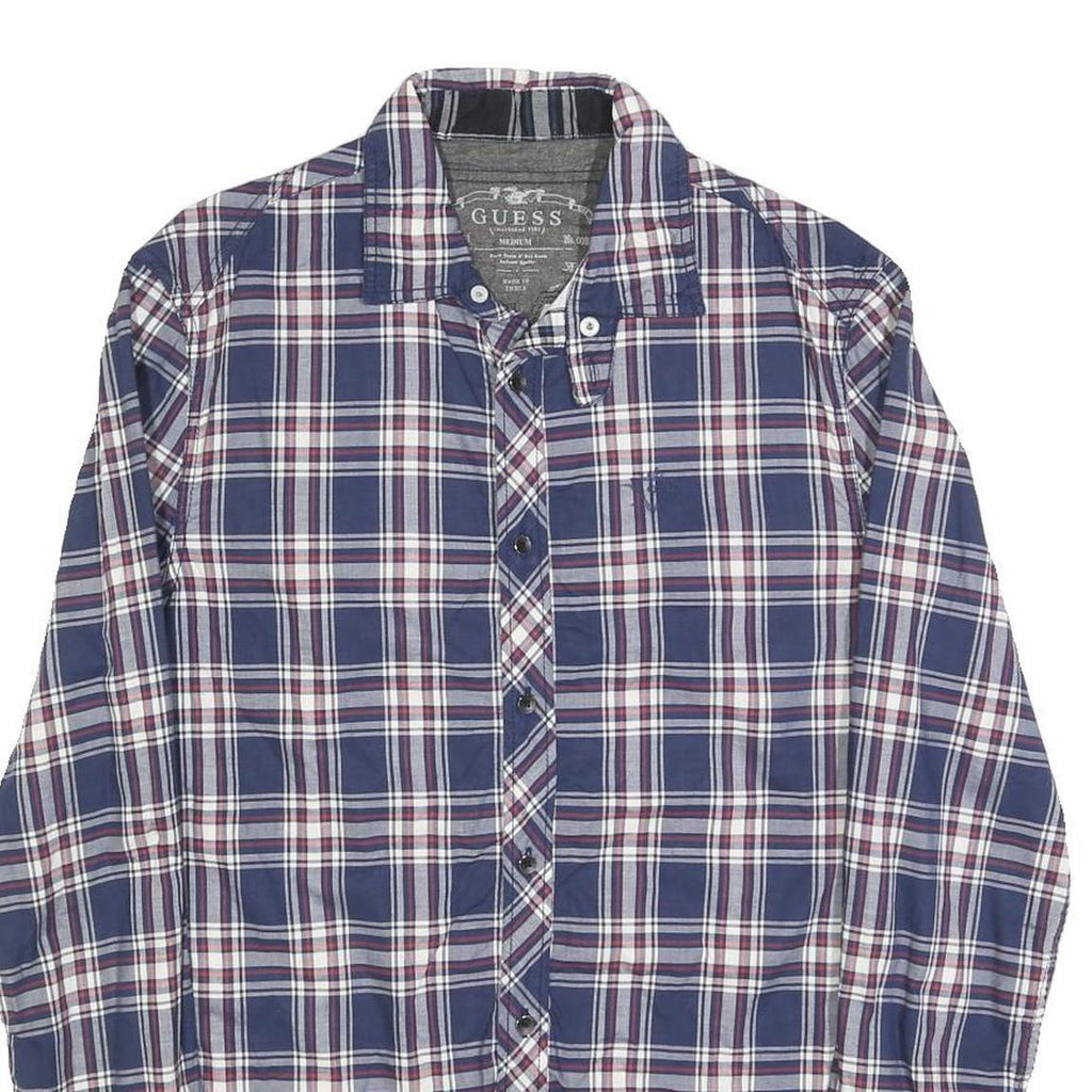 GUESS Mens Blue & Maroon Check Shirt M Cotton Blend Button Collar Casual