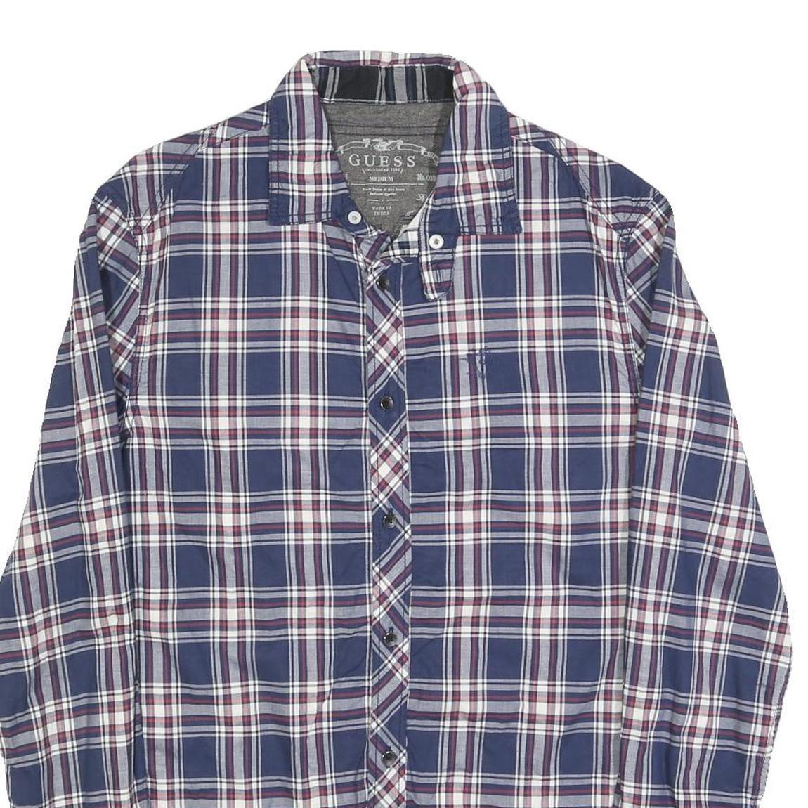 GUESS Mens Blue & Maroon Check Shirt M Cotton Blend Button Collar Casual