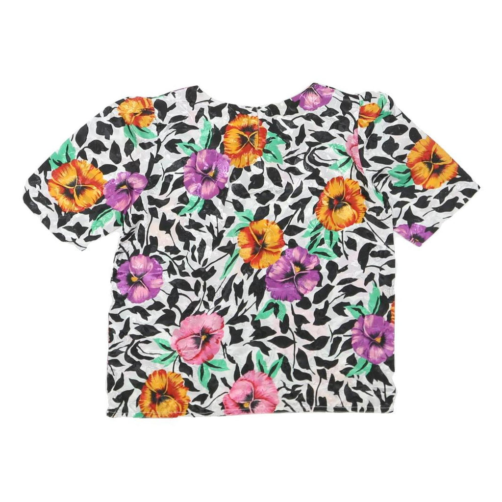 Womens White Black & Floral Printed Top Short Sleeve Round Neck M Summer Casual