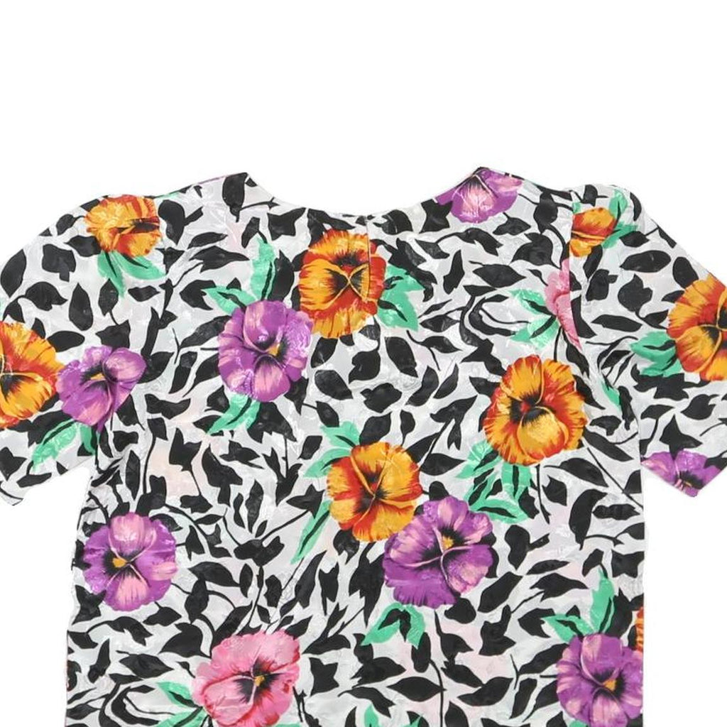 Womens White Black & Floral Printed Top Short Sleeve Round Neck M Summer Casual